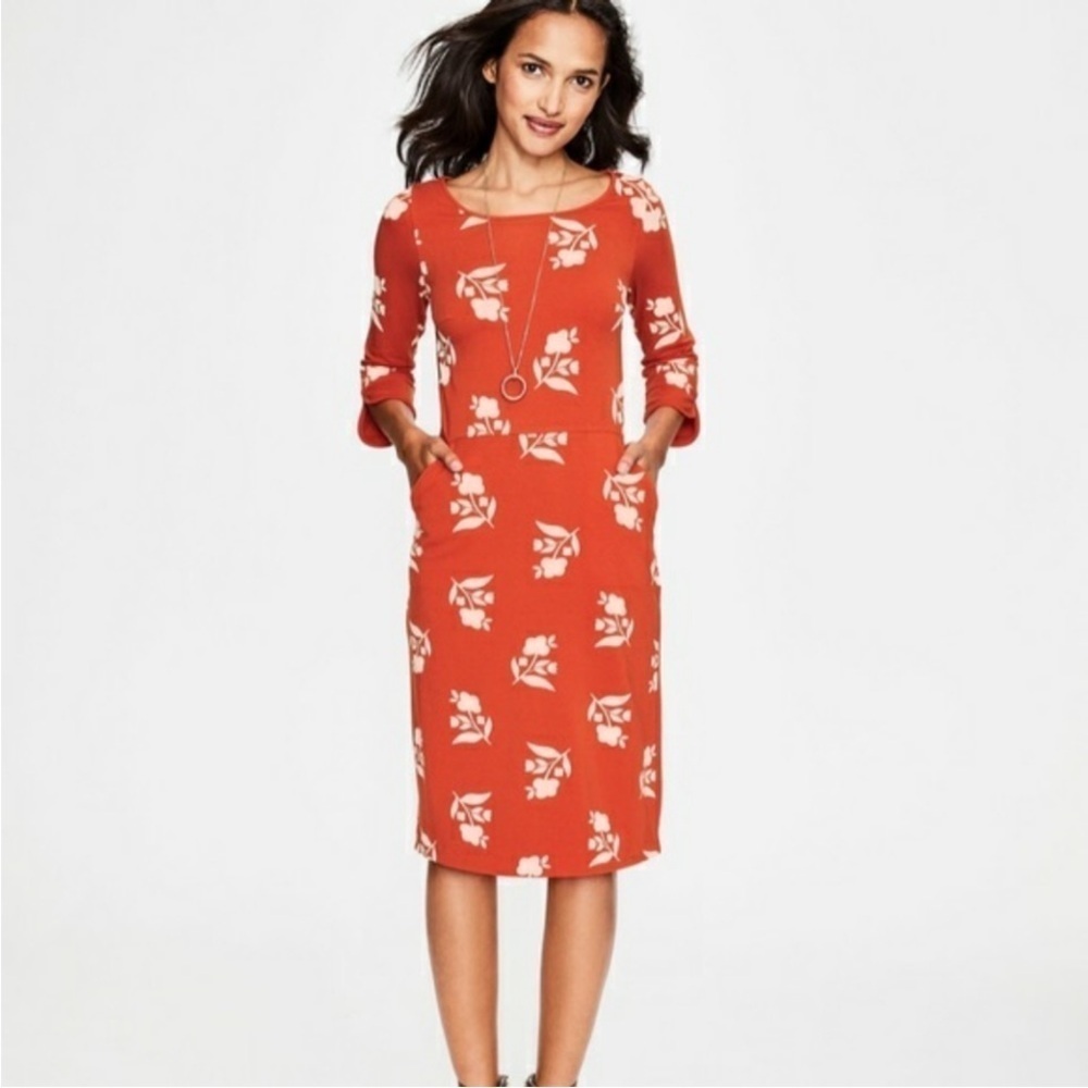 Boden Jessie Jersey Knit Dress Floral Print Coral Red Meadow Motif Size 14